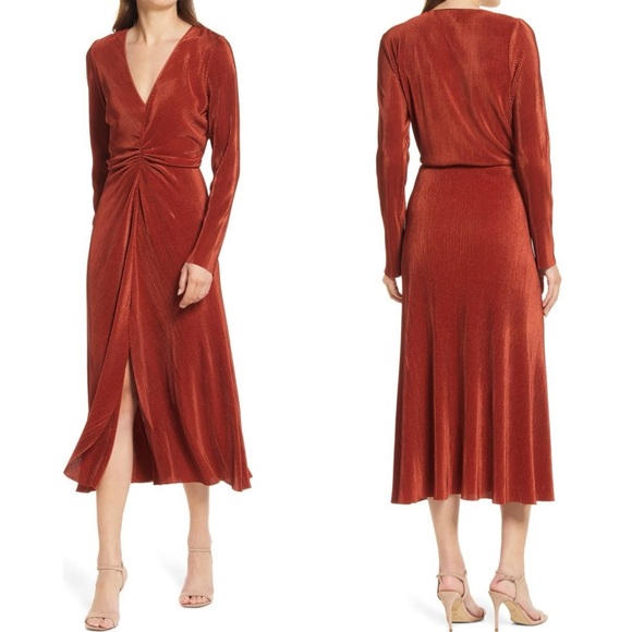 NWT Charles Henrey Women’s Gathered Long Sleeve A-Line Dress V-Neck Orange L - Picture 1 of 14